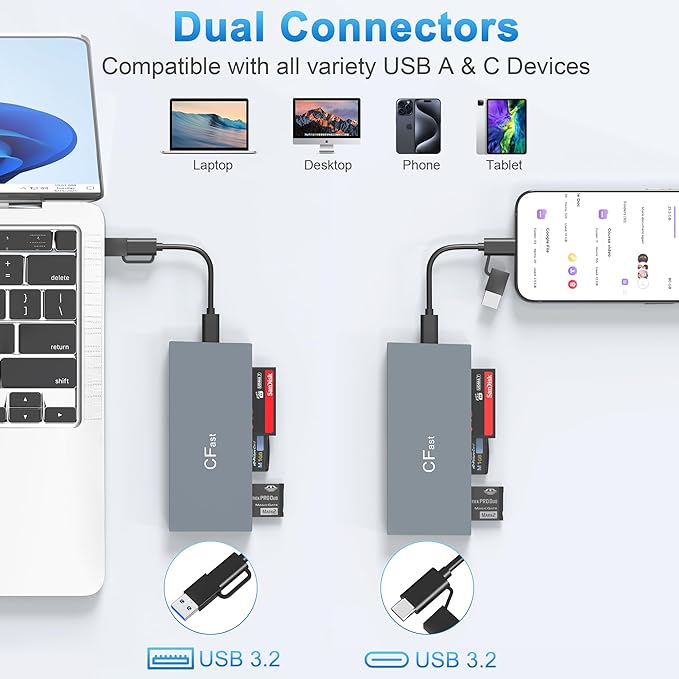 CFast Card Reader Memory Stick Pro Duo Adapter, USB C CFast 2.0 Card Reader for CFast/SD/TF/MS/XD/CF CompactFlash Card, XD Card Reader USB C USB 3.0 Connector Read 6 Cards Simultaneously