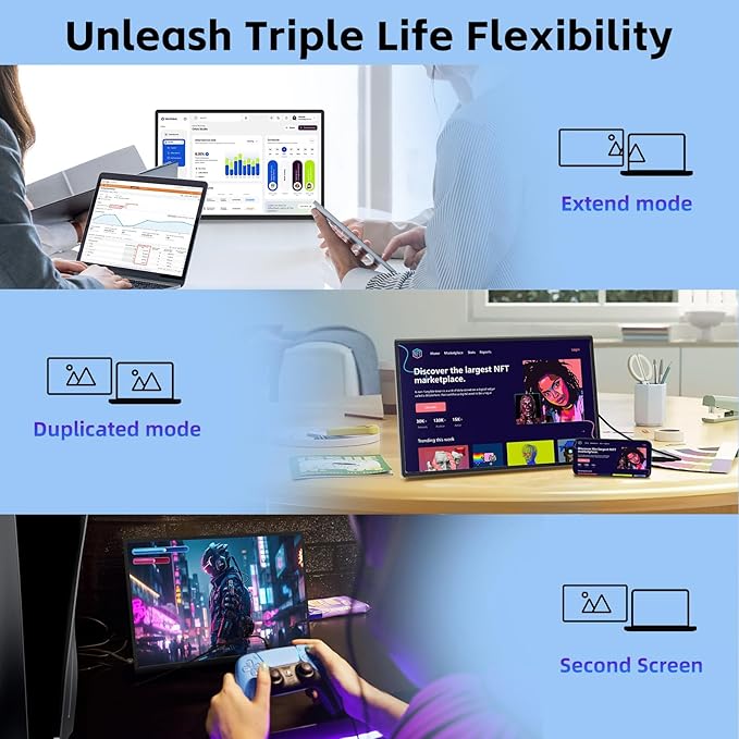 Helpnight 16" Portable Monitor for Laptop, 1200P FHD Laptop Screen Extender, Travel External Display USB-C HDMI Port Detachable Kickstand Gaming Monitor Compatible with Wins Mac Chrome Dex Phone