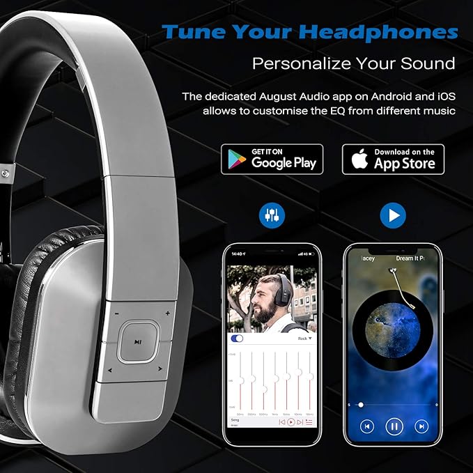 August EP650 Bluetooth Wireless Over-Ear Headphones with aptX Low Latency, NFC, Multipoint Pairing, Wired Option, Built-in Microphone - Silver