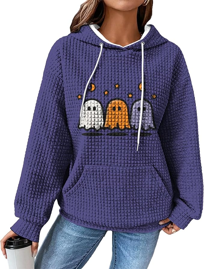 Halloween Sweatshirts for Women Novelty Graphic Drawstring Waffle Hoodies Loose Casual Pullover Tops with Pocket