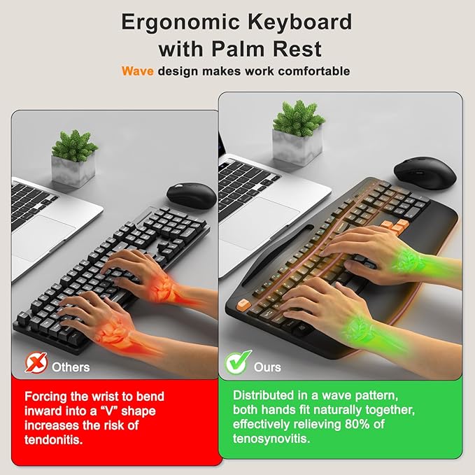 Wireless Keyboard and Mouse Combo, 2.4G Full Size Wave Keys Ergonomic Keyboard with Wrist Rest, Phone Holder, 3-Level DPI Wireless Silent Mouse with 6-Buttons, for Windows/Mac OS/Laptop(Orange Black)