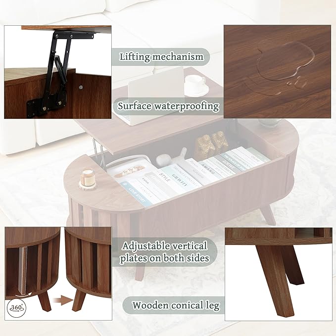 Janmer Home Small Lift Top Coffee Table with Storage, 47.3" Mid Century Modern Curved Coffee Table, Oval Center Table with Lift Tabletop for Living Room, Office (Walnut)