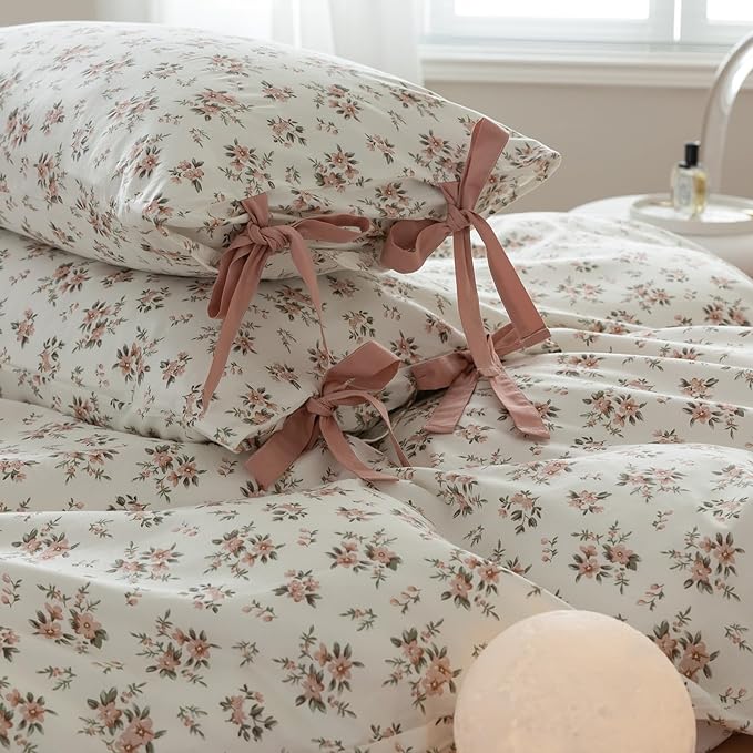 Pink White Duvet Cover Full Floral Print Blush Pink Flower Duvet Cover with 2 Bow Ties Pillowcases 100% Cotton Girls Cottagecore Bedding Set Vintage Country Botanical Floral Comforter Cover Full Size