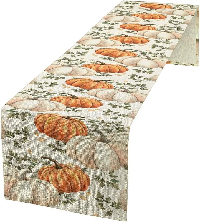 Fall Pumpkin Table Runner White Orange Vegetables Seeds Parsley Watercolor Hand-Painted Illustration Home Decor for Farmhouse Indoor Outdoor Party Holiday Dining Kitchen Restaurant Cafe W13xL36in
