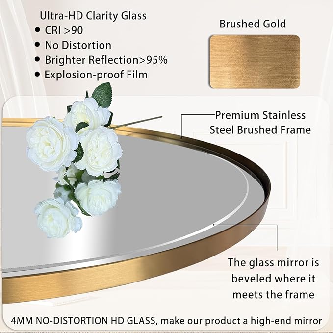 POZINO Beveled Bathroom Mirror, 40"x24" Oblong Vanity Mirrors with Stainless Steel Frame, Brushed Gold Rectangle Wall Mirror for Entryway Bedroom Hallway Living Room, Hangs Vertically or Horizontally