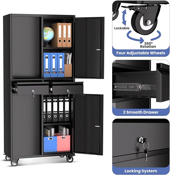 Garvee Metal Storage Cabinet, 73 Inch Garage Storage with Locking Doors and Adjustable Shelves, Heavy Duty Tool Cabinet with 2 Drawers