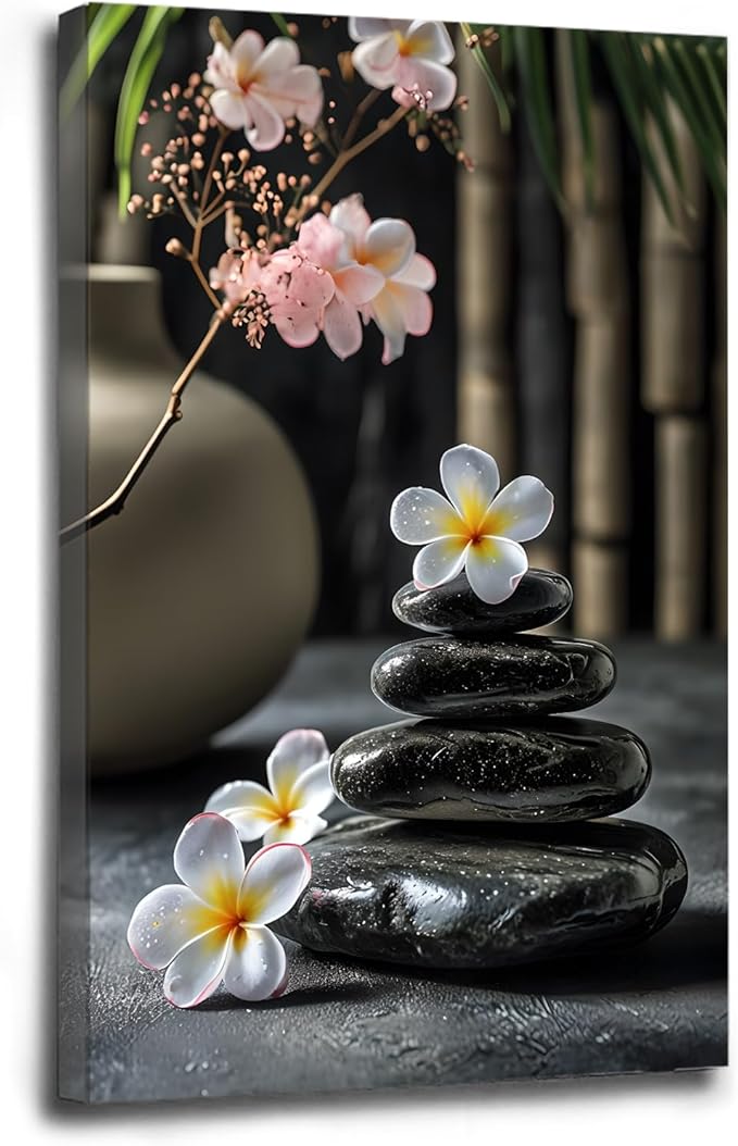 A harmonious black stone stack paired with white and pink flowers bamboo and ceramic vases creates a tranquil Zen decor for minimalist homes and mindful spaces 24x36in Wood Framed
