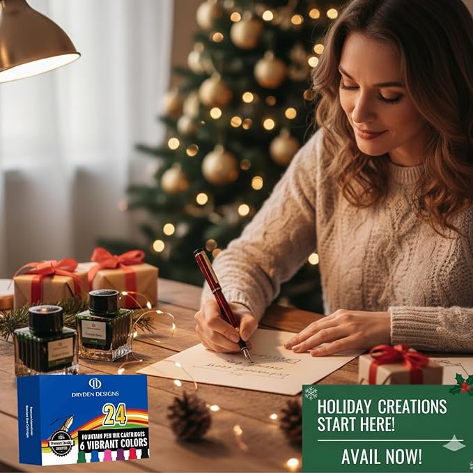 Dryden Designs Fountain Pen. Medium Nib Premium Box | 6 Ink Cartridges Included (Emerald Green)