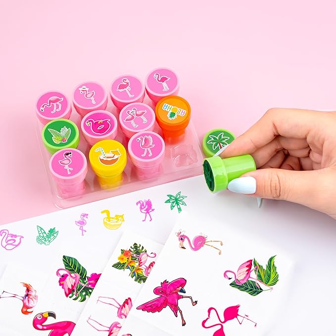36PCS Pink Bird Party Favors - 24PCS Pre-Cut Temporary Tattoos & 12PCS Stamps - Ideal Hawaiian Summer Tropical Luau Themed Birthday Card Decorations Supplies Goodie Bag Kids Gifts Classroom Rewards