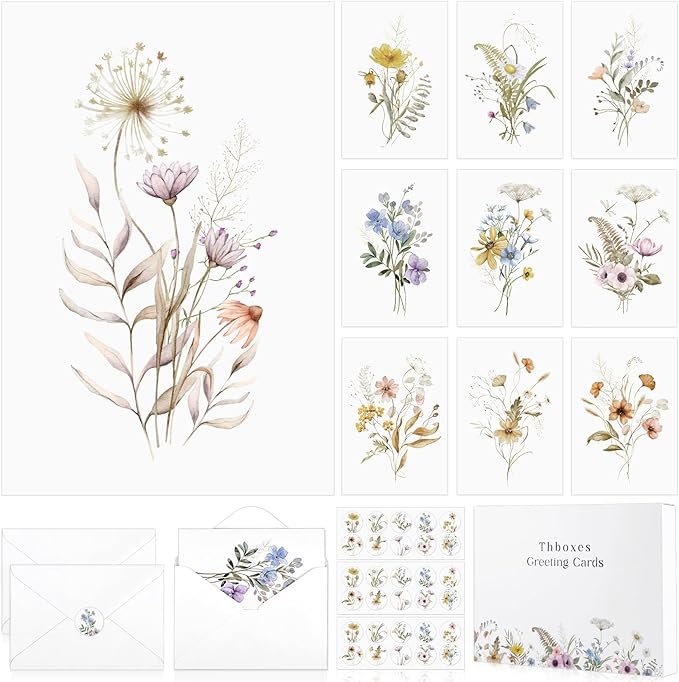 Thboxes Blank Cards and Envelopes, 40 Pack Blank Note Cards 4x6 in Elegant Floral Greeting Card with Sealing Stickers, Note Card and Envelopes Stationary Set for All Occasions (10 Floral Designs)