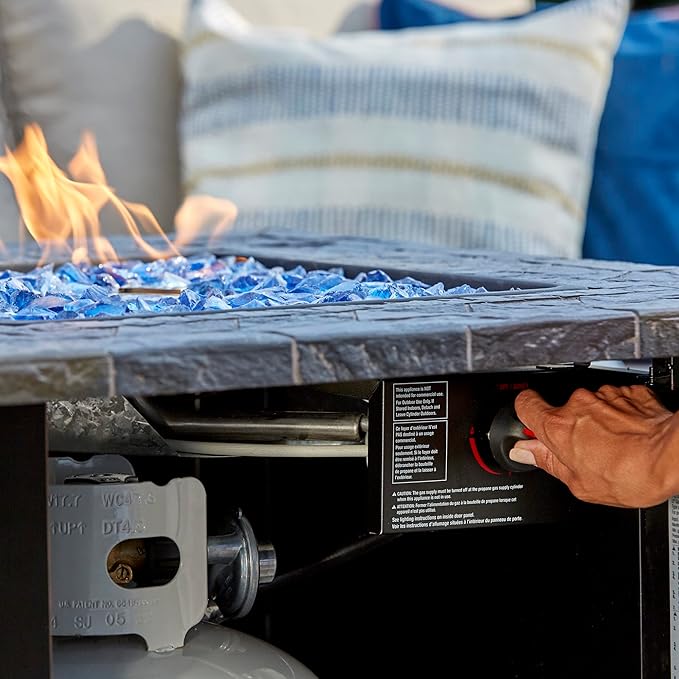 Endless Summer 30 Inch Square 30,000 BTU Liquid Propane Gas Outdoor Fire Pit Table w/Push Button Ignition, Blue Fire Glass, & Steel Fire Bowl, Bronze