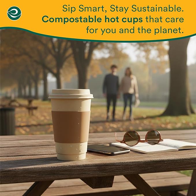 ECO SOUL 50 Pack 12 oz Disposable Coffee Cups with Lids & Sleeves Eco-Friendly, Biodegradable, Compostable, Leak-free & Sturdy To Go Hot Drink Cup for Tea, Chocolate Party Travel Cafe Office & Home