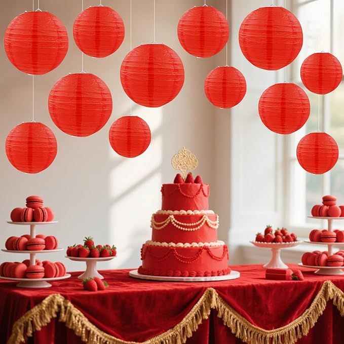 Red Paper Lanterns Round Hanging Paper Lanterns Decorations for Birthday Wedding Baby Bridal Shower Christmas Home Party Decoration (12 PCS)