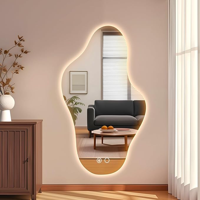 Modern Irregular LED Bathroom Mirror with Lights, Asymmetrical Frameless Smart Lighted Wall Mirror for Living Room Entryway, Large Decorative Makeup Vanity Mirror with Touch Switch(29.2″x51.2″)