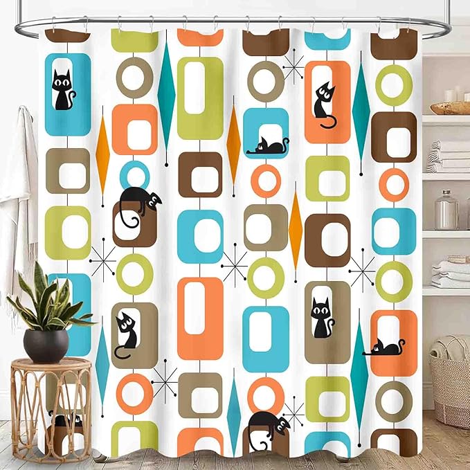 Mid Century Modern Shower Curtain, Retro Geometric Atomic Abstract Cat Pattern Middle Century 1950s 1960s Orange Waterproof Fabric Bathroom Shower Curtain Set with Hooks, 72"x84" Inch