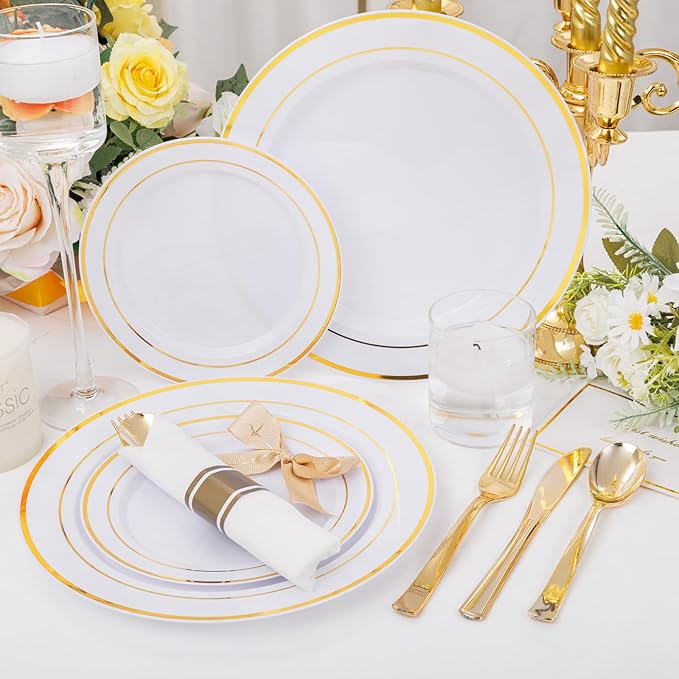 DaYammi 210PCS Gold Plastic Dinnerware Set Christmas Plates Disposable Disposable Plates for Party, Include: 30 Dinner Plates, 30 Dessert Plates, 30 Pre Rolled Napkins with Gold Silverware, 30 Cups