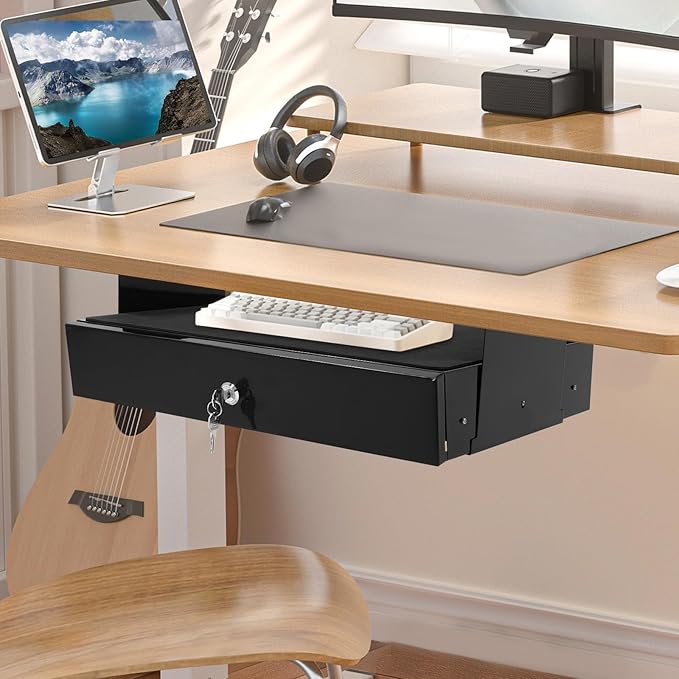 LEYSRIS 19.78" Under Desk Storage Drawer, Locking Design Black Sliding Pull-Out Drawer for Sit Stand Workstation