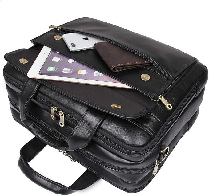 Augus Leather Briefcase for Men Business Travel Messenger Bags 15.6 Inch Laptop Bag, Black