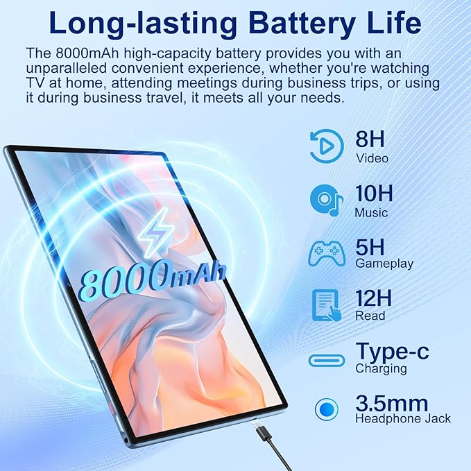 SUAAT Android 15 Tablet 30GB RAM 128GB ROM 1TB Expand, 10.1 Inch Tablets with Keyboard Mouse, Octa-Core, 8000mAh, HD IPS Display, 5G WiFi BT 5.0 GPS, Widevine L1, Gemini AI, Dual Camera - Blue