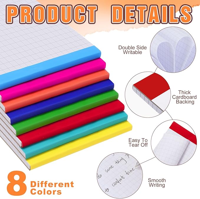 Tenceur 8 Pack Grid Paper Pad 4 x 6 Inch Graph Paper Pad, Graft Paper 30 Sheets Graph Ruled Grid Pad Notebook Notepads Memo Pads Math Grid Note Pad Scratch Pads Assorted Colors(5 Squares Per Inch)