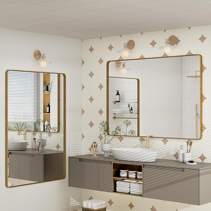 2 Pack of 24x36 Gold Bathroom Mirror, Rounded Rectangle Gold Frame Mirror, Brushed Gold Brass Bathroom Vanity Mirror Wall-Mounted, Anti-Rust, Hangs Horizontally or Vertically