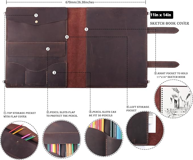 Robrasim Handmade Leather Sketchbook Cover, Artist Sketch Pad Holder for 11"X14" Sketchbook, Drawing Book and Pencil Case, Journal Notebook Portfolio with Shoulder Strap, Artist Gifts, Coffee
