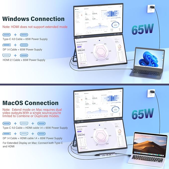 InnoView 2025 23.8" 2K Dual Portable Monitor QHD 2560 x 1440P 100% sRGB - Foldable & Stackable Design with 315° Screen Adjustment & 180° Stand | USB-C/HDMI, Dual Monitor for Laptop, Mac, Windows