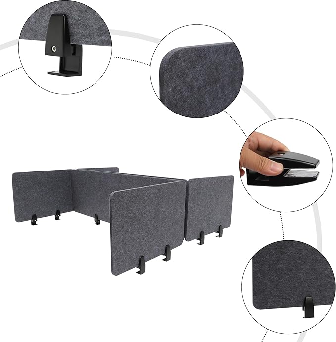 Stand Up Desk Privacy Panel, 6Pcs Clamp-On Acoustic Desk Divider Table Mounted Privacy Panel Sound Proof Dividers(2Long Panel 47.25x16In&4 Short Panel 23.6x16In) (2Long Panel - 47.25x16In)
