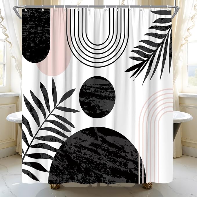 Mid Century Modern Shower Curtain Boho Black Abstract Retro Aesthetic Fabric for Bathroom Decor Bathtub with Hooks (59" WX70 H)