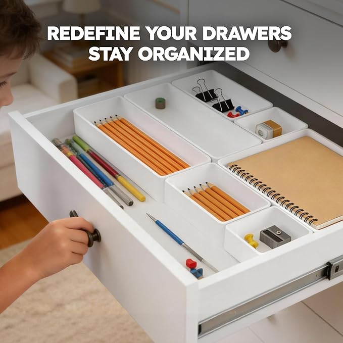 eazttouz 7 Pack Stackable Drawer Organizer Trays, Plastic Shallow Storage Bins for Bathroom Vanity, Desk Drawer, Kitchen, Makeup Organization, White (1XL+2L+2M+2S)