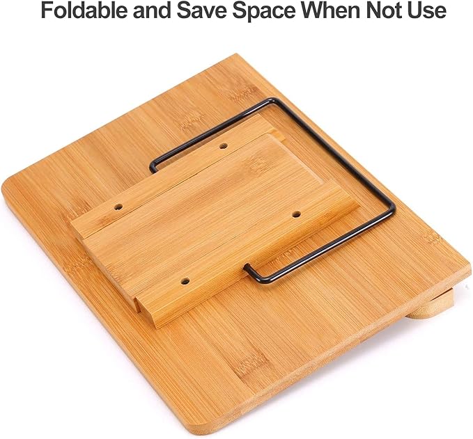 MEGREZ Bamboo Book Stand 11 x 8.0 inch, Foldable Cookbook Holder with 6 Adjustable Height, Reading Book Holder for Recipe, Music Book, Textbook, Tablet Stand, Stay Positive