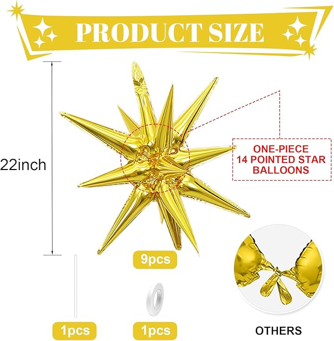 Gold Star Balloons,9Pcs 22Inch Gold Explosion Spike Cone Helium Polyester Film Star Foil Balloons for Birthday Anniversary Baby Shower Wedding New Year Disco Party Decorations