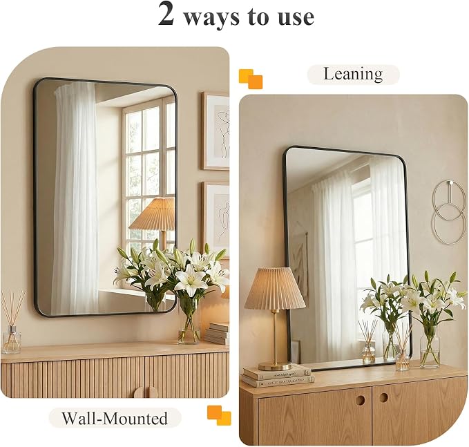 Sweetcrispy Bathroom Mirror for Over Sink, 20x28 Inch Wall Mount Mirror with a Rounded Rectangle and Matte Metal Frame, Modern Wall Vanity Mirrors for Home Decor, Living Room, Bedroom, Black