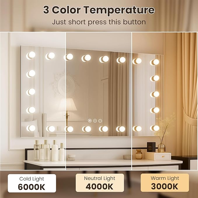 WTTY 84"x40" Hollywood Vanity Mirror with Lights, Wall-Mounted Makeup Mirror with 3 Color Temperatures, Stepless Dimmable Bulbs, Anti-Fog & Shatter-Proof