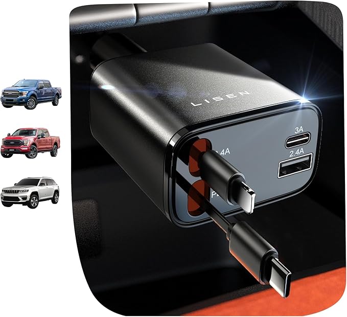 LISEN Retractable Car Charger 4 in 1 for Cars, 69W Retractable USB C Car Charger with 31.5in Cable, Fast Charging for iPhone 17 16 15 14 13 12 Pro Max Plus, Compact Cars Accessories for Daily Driving