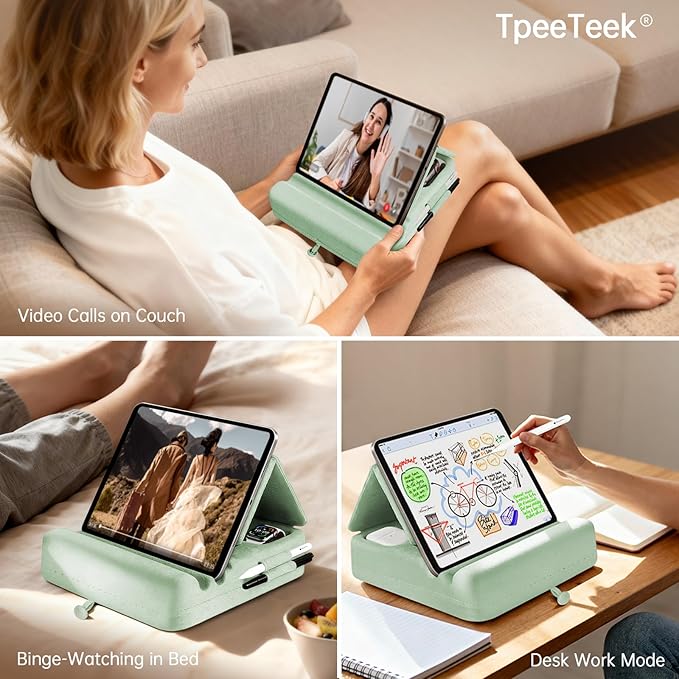 TpeeTeek Tablet Pillow Stand with Storage, Foldable iPad Holder for Lep, Bed, Sofa, and Desk - Soft Pad Dock with Pocket and Stylus Mount Compatible with 4-13" iPad Pro/Air/Mini, Galaxy Tab, Kindle