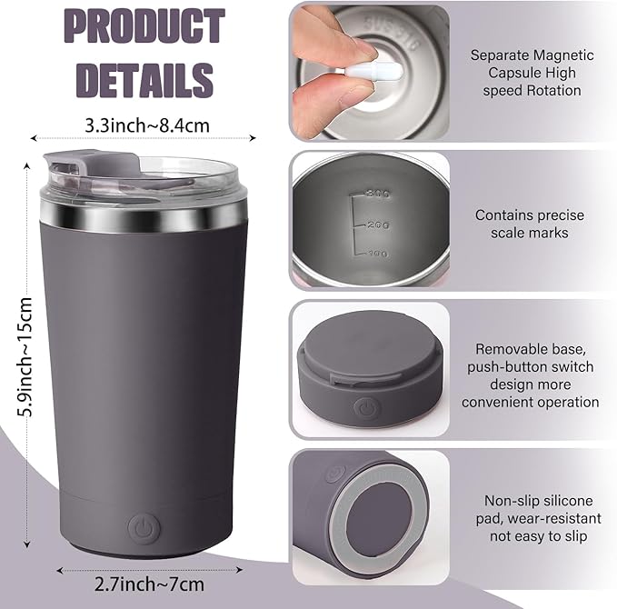 hatisan Self Stirring Coffee Mug With Lid Electric High Speed Self Stirring Mug 400ml Rechargeable Detachable Stainless Steel Self Stirring Cup for Coffee, Milk, Cocoa Christmas Gift(Dark Grey)