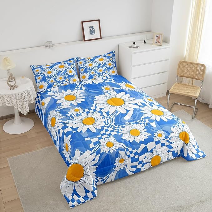 Castle Fairy Kids Abstract Comforter Set Twin Size,White Daisy Flowers Bedding Comforters Bedroom Decor,Blue Zebra Stripes Geometric Plaid Microfiber Duvet Set for Kids Teens,2 Pcs