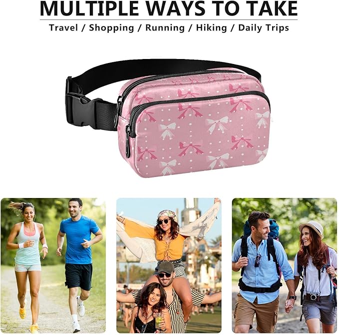 Cute Pink Bows Polka Dots Fanny Pack for Women Men Water Resistant Fashion Waist Packs with Adjustable Strap Belt Bag for Travel Workout Jogging Hiking 21220632
