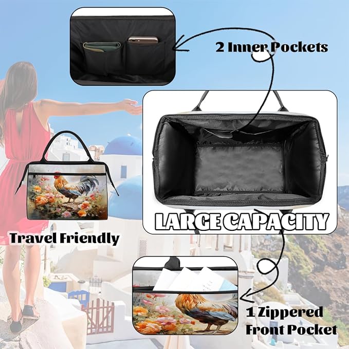 Multipurpose Duffle Bag, Waterproof Carry On Bag with Spacious Design, Watercolor Rooster Gym Bags, 15.2x8.3x11.6in