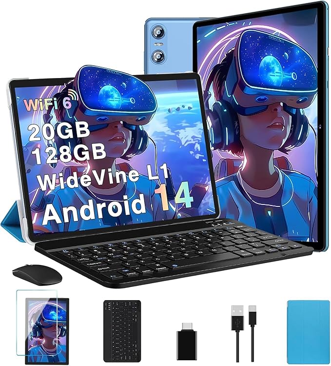 2025 Tablet, 10 Inch Android Tablet 20GB RAM+128GB ROM+1TB Expand, Octa-Core Android 14 Tablets with Keyboard, Mouse, HD IPS Touchscreen, 6000mAh, BT 5.0, WiFi 6, Widevine L1, Split Screen -Blue