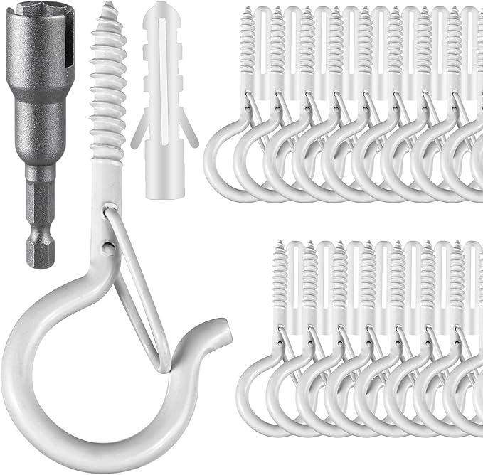 100 Pcs Screw-in Hooks for Outdoor String Lights, Q Hangers Hooks for Outside, Swivel Hanging Basket Patio Hook with Safe Buckle, Screw in Plant Eye Hook for Wall Ceiling with 1 Wing Nut Driver, White
