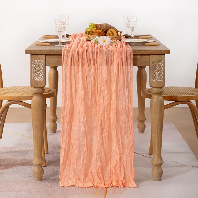 MLMC Peach Pink Cheesecloth Table Runner 10ft Rustic Gauze Coral Cheese Cloth Table Runner 35x120 Inches for Wedding Bridal Baby Shower Party Decor