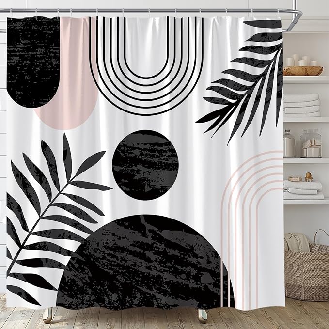 Mid Century Modern Shower Curtain Boho Black Abstract Retro Aesthetic Fabric for Bathroom Decor Bathtub with Hooks (70" WX78 H)