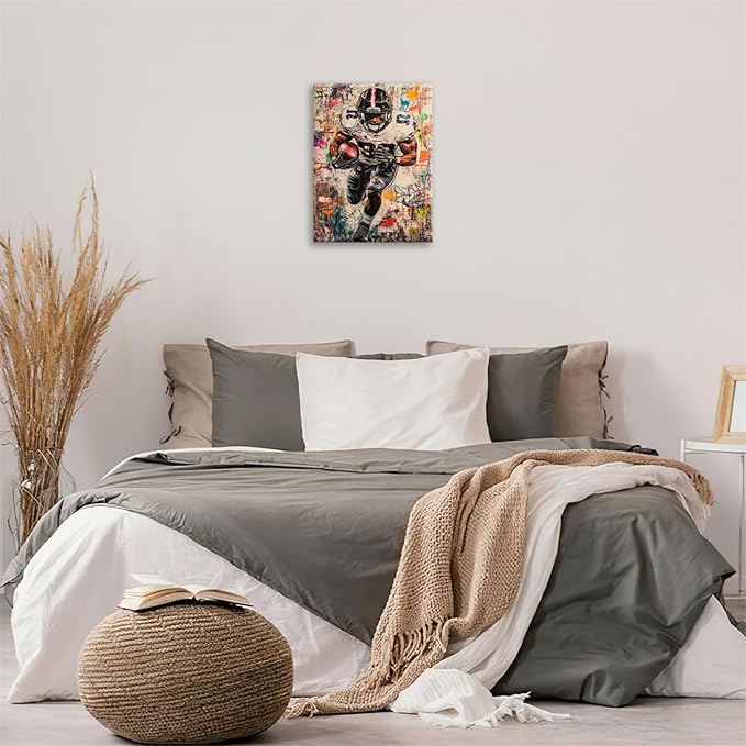 Graffiti Football Wall Art, Banksy American Football Pictures Wall Decor, Rugby Sports Canvas Prints Painting, Sport Poster Framed Artwork for Boys Room Bedroom Bathroom Living Room Office 16"X12"