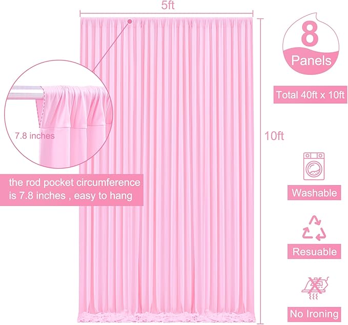 8 Panels Pink Backdrop Curtain for Parties Baby Shower Wrinkle Free Pink Photo Curtains Backdrop Drapes Fabric Decoration for Wedding Birthday Party 40ft(W) x 10ft(H)