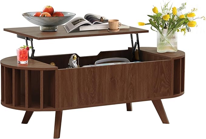 Janmer Home Small Lift Top Coffee Table with Storage, 47.3" Mid Century Modern Curved Coffee Table, Oval Center Table with Lift Tabletop for Living Room, Office (Walnut)