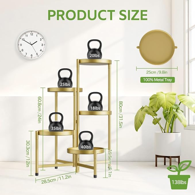 iDavosic.ly 5 Tier Large Plant Stand Indoor, 10 Inch Wide Tall Corner Metal Plant Stands Outdoor for Multiple Plants, Folding Tiered Flower Display Holder Rack Shelf, Gold