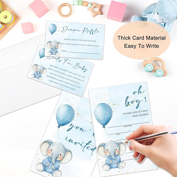 Blue Elephant Baby Shower Invitations for Boy, Boy Baby Shower Invites with Envelopes, Set of 25 Gender Reveal Invites Cards with Envelopes & Book Request Cards & Diaper Raffle Tickets -08