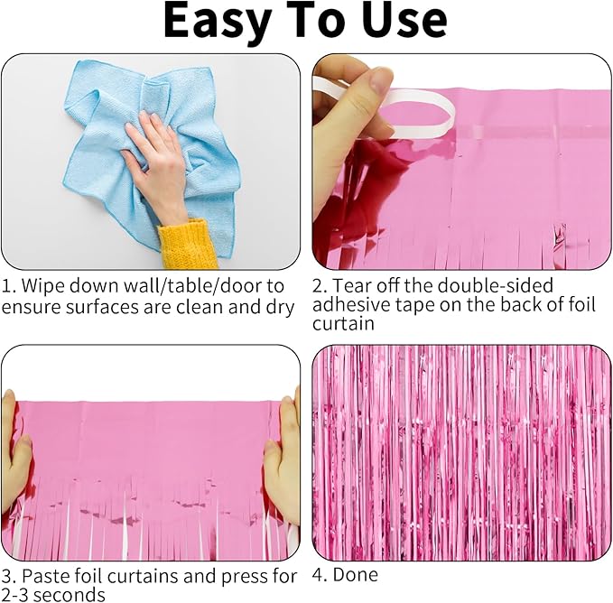 Thicken Pink Streamers 4 Pack 3.2 x 8.2 FT, Pink Birthday Decorations for Girls, Tinsel Backdrop Curtains, Foil Fringe Photo Backdrop for Bachelorette, Graduation, Baby Shower Party Decorations